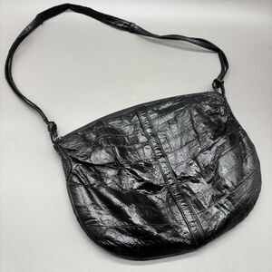 Vintage Eel Skin Shoulder Bag Black Crescent Hobo Suede Lined Boho Handbag
